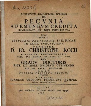 Dissertatio inauguralis iuridica de pecunia ad emendum credita privilegiata et non privilegiata