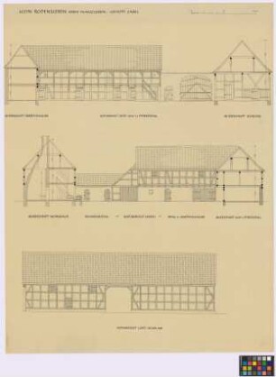 Klein Rodensleben (Kreis Wanzleben): Gehöft Zabel. - Geräteschauer (Querschnitt, Seiten-Ansicht). - Kuh- und Pferdestall (Hof-Süd-Seiten-Ansicht, Querschnitt). Scheune (Querschnitt, Hof-Ost-Seiten-Ansicht). - Wohnhaus (Querschnitt). - Schweinestall (Hof-West-Seiten-Ansicht). - Stall und Geräteschauer (Hof-West-Seiten-Ansicht)