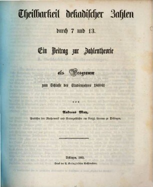 Theilbarkeit dekadischer Zahlen durch 7 und 13 : ein Beitrag zur Zahlentheorie