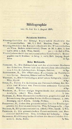 Bibliographie vom 15. Juni bis 1. August 1869.