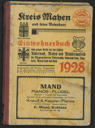 Einwohnerbuch für die Stadt Mayen mit Mayen-Land, Niedermendig, Polch und Münstermeifeld