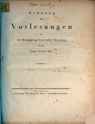 Ordnung der Vorlesungen an der Königlichen Universität Würzburg. 1826. SS.