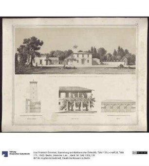 Sammlung architektonischer Entwürfe. Tafel 139 ( = Heft 28, Tafel 171, 1840): Berlin, Glienicke. Landhaus. Perspektivische Ansicht und Gebäudeteile