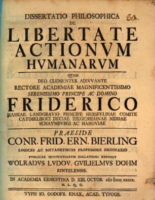 Diss. philos. de libertate actionum humunarum