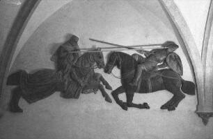 Regensburg: kämpfende Reiter, Wandrelief im Rathaus