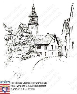 Pfungstadt, evangelische Pfarrkirche / Blick auf die Pfarrkirche und die Kirchenmühle