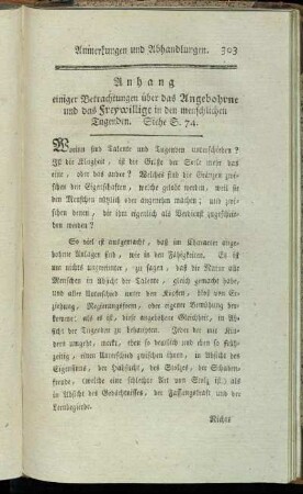 Anhang einiger Betrachtungen über das Angebohrne und das Freywillige in den menschlichen Tugenden.