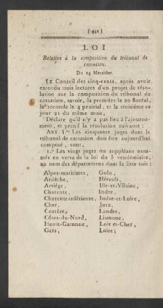 Loi Relative à la composition du tribunal de cassation = Gesetz So sich auf die Einrichtung des Kassations-Gerichts bezieht
