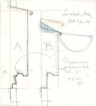 Fischer, Theodor; Schweinfurt (Bayern); Basaltwerke, Verwaltungs-Gebäude - Putzgesimse am Mittelbau der Rückseite (Details)