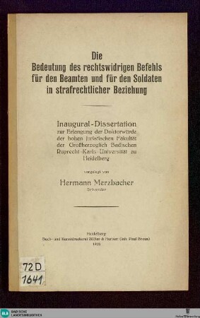 Die Bedeutung des rechtswidrigen Befehls für den Beamten und für den Soldaten in strafrechtlicher Beziehung