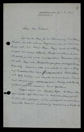 Nr. 6: Brief von Otto Blumenthal an David Hilbert, Marburg, 21.2.1905