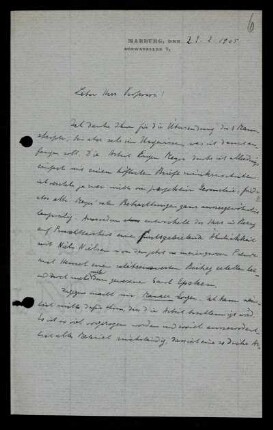 Nr. 6: Brief von Otto Blumenthal an David Hilbert, Marburg, 21.2.1905