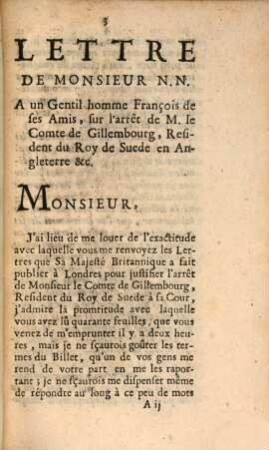 Lettre de Monsieur N. N. à un gentil-homme françois ... sur l'arrêt le M. le Comte de Gillembourg