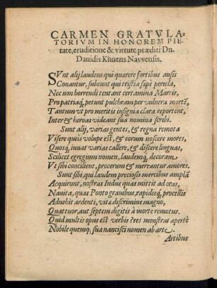 Carmen Gratulatorium In Honorem Pietate, eruditione & virtute praediti Dn. Davidis Khuens Navvensis.