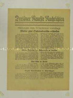 Nachrichtenblatt der "Dresdner Neueste Nachrichten" u.a. zur Lage im Sudetenland