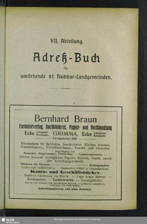 VII. Abteilung. Adreß-Buch für umstehende 87 Nachbar-Landgemeinden