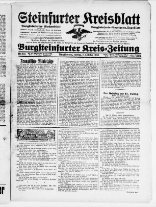 Steinfurter Kreisblatt : Burgsteinfurter Kreis-Zeitung : Burgsteinfurter Wochenblatt : Burgsteinfurter Anzeiger u. Tageblatt : amtlicher Anzeiger der Staatsbehörden, des Landratsamtes des Kreises Steinfurt sowie der Amts- und Stadtverwaltung des Kreises, des Amtsgerichts und Finanzamtes Burgsteinfurt, der Handelskammer Münster und sonstiger Behörden