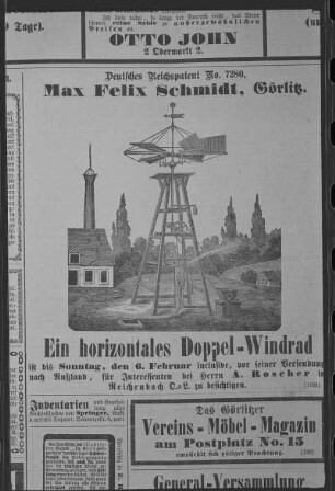 Reichenbach/O.L.. Horizontales Windrad, aus: Niederschlesische Zeitung vom 3.2.1881
