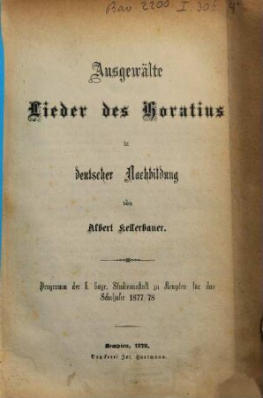 Ausgewählte Lieder des Horatius : in deutscher Nachbildung