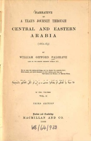Narrative of a year's journey through Central and Eastern Arabia : (1862 - 63) ; in two volumes, 2