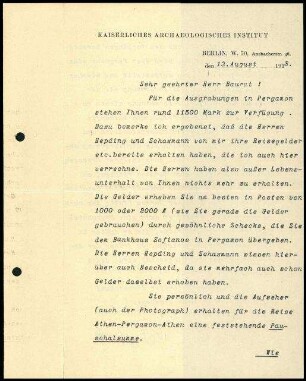 Schreiben; DAI Zentrale an W. Dörpfeld