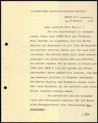 Schreiben; DAI Zentrale an W. Dörpfeld