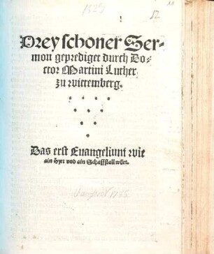 Drey schoner Sermon geprediget durch Doctor Martini Luther zu wittemberg : Das erst Euangelium wie ain Hyrt vnd ain Schaffstall würt