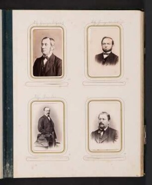 Albumseite 12 mit vier Cartes-de-visite (Porträts von Landtagsabgeordneten) unter Passepartout : Dem fünf und zwanzig Jahre hindurch treu bewährten und wohlverdienten Landtags-Abgeordneten Herrn Christian Gottlieb Riedel : gewidmet von seinen Collegen. Samteinband mit Metallbeschlägen und Metallschließe sowie Goldschnitt; 31 x 24,5 x 4 cm (1873). Dresden: SLUB/DF 2017.D.85