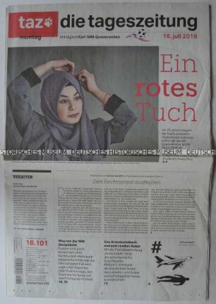 Tageszeitung "taz. die tageszeitung" mit Titel zur Debatte um Kopftuchverbote in Deutschland