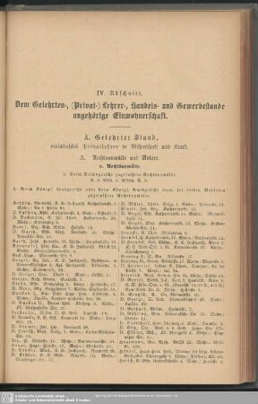 IV. Abschnitt. Dem Gelehrten-, ( Privat-) Lehrer-, Handels- und Gewerbestande angehörige Einwohnerschaft