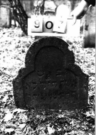 Grabstein 907 (Index: 99753230) Material: Sandstein Zustand: leicht verwittert/Stele eingesunken Maße HxBxT: 54x54x9 cm Beschreibung: Stele, geschwungen eingezogener Rundbogenabschluß, Schriftfeld eingetieft Besonderheit: Zitat Proverbia 12, 4 und 31, 10: Grabstein 907