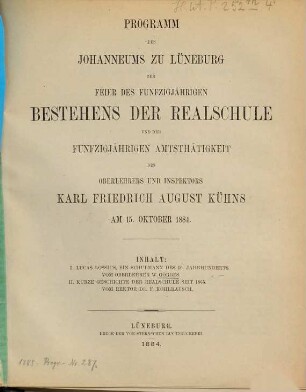 Programm des Johanneums zu Lüneburg : Ostern .... 1884/85