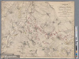 Plan der Schlacht bei Wachau und des Gefechts bei Connewitz am 16.Oktober 1813. Angriff der franzäsischen Armee und letzte Aufstellung beider Heere.