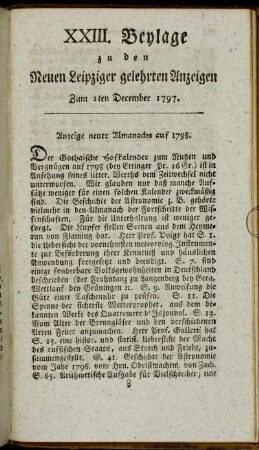 XXIII. Beylage zu den Neuen Leipziger gelehrten Anzeigen - Zum 1sten December 1797.