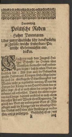 Zwantzig Politische Reden Hoher Potentaten.