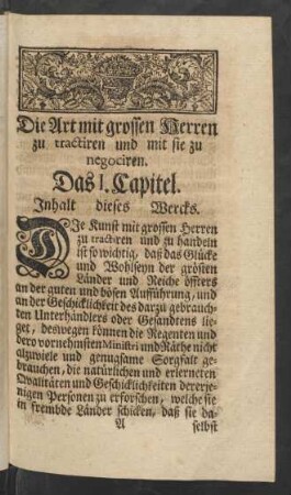 Das I. Capitel. Inhalt dieses Wercks