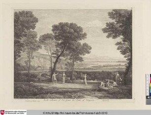 [Landschaft mit drei tanzenden Figuren in der Mitte und sechs zuschauenden Figuren]
