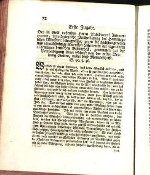 Erste Zugabe. Des in Gott ruhenden Herrn Archidiaconi Zimmermanns, unwiderlegliche Vertheidigung des Hamburgischen Ministerial-Zeugnisses ...