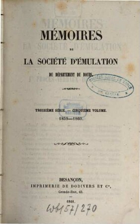 Mémoires de la Société d'Emulation du Département du Doubs, 5. 1860