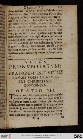 Oratio VIII: Vetus pronvntiatvm: Oratorem esse virum bonum, solis Oratoribus Christianis convenire