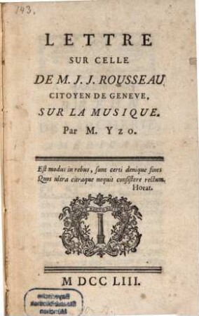 Lettre sur celle de M. J. J. Rousseau, citoyen du Genève, sur la Musique