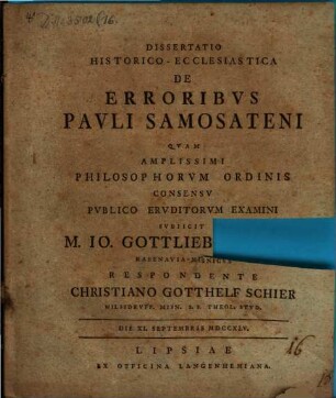 Dissertatio Historico-Ecclesiastica De Erroribvs Pavli Samosateni