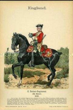 Uniformdarstellung, Gemeiner des 6. Reiter-Regiments, Königreich Großbritannien, 1742.