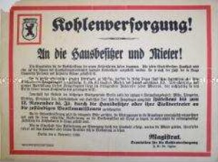 Maueranschlag zur Ankündigung einer Erhebung über den Kohlenbedarf