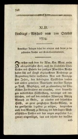 XLIII. Landtags-Abschied vom 2ten October 1594.