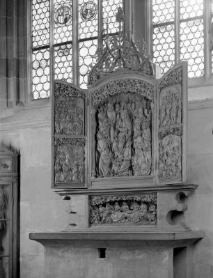 Zwölfbotenaltar (Pfingstaltar) — linker Flügel, Innenseite: Einzug Christi in Jerusalem, Himmelfahrt Christi; Mittelschrein: Pfingsten; rechter Flügel, Innenseite: Christus mit dem ungläubigen Thomas, Marientod