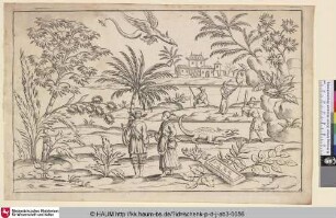 [Ein Garten mit phantasievollen Pflanzen, mehreren Personen und Drachen]