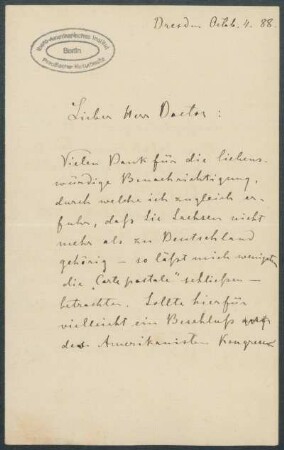 04. Oktober 1888, Dresden [Brief von Alphons Stübel an Max Uhle]
