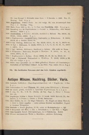 Antiqua Münzen, Nachtrag, Bücher, Varia.