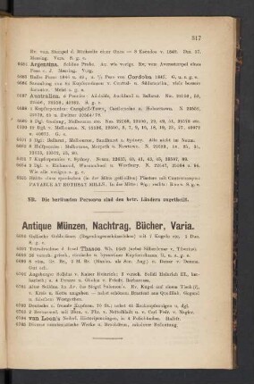 Antiqua Münzen, Nachtrag, Bücher, Varia.